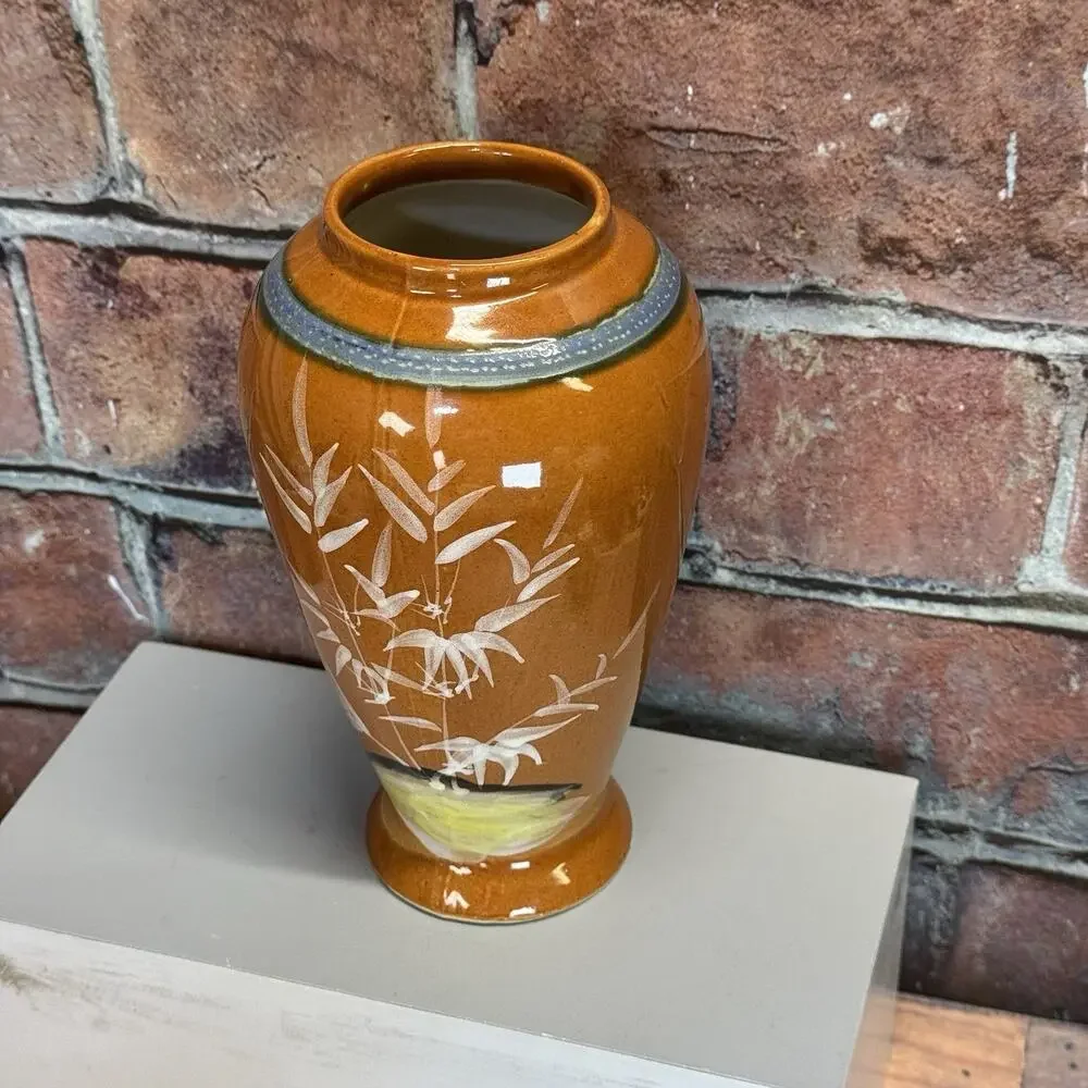 Vintage Japan Style 7'' Vase Hand-painted Bamboo &‎ Boat Scene Asian Decor
